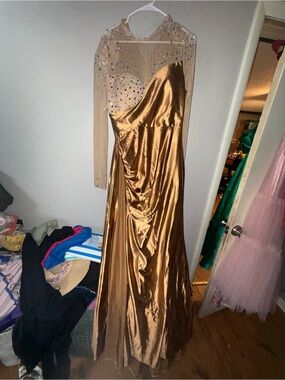 Gold Satin Gown with Sequin Bodice and  Long Sleeves
